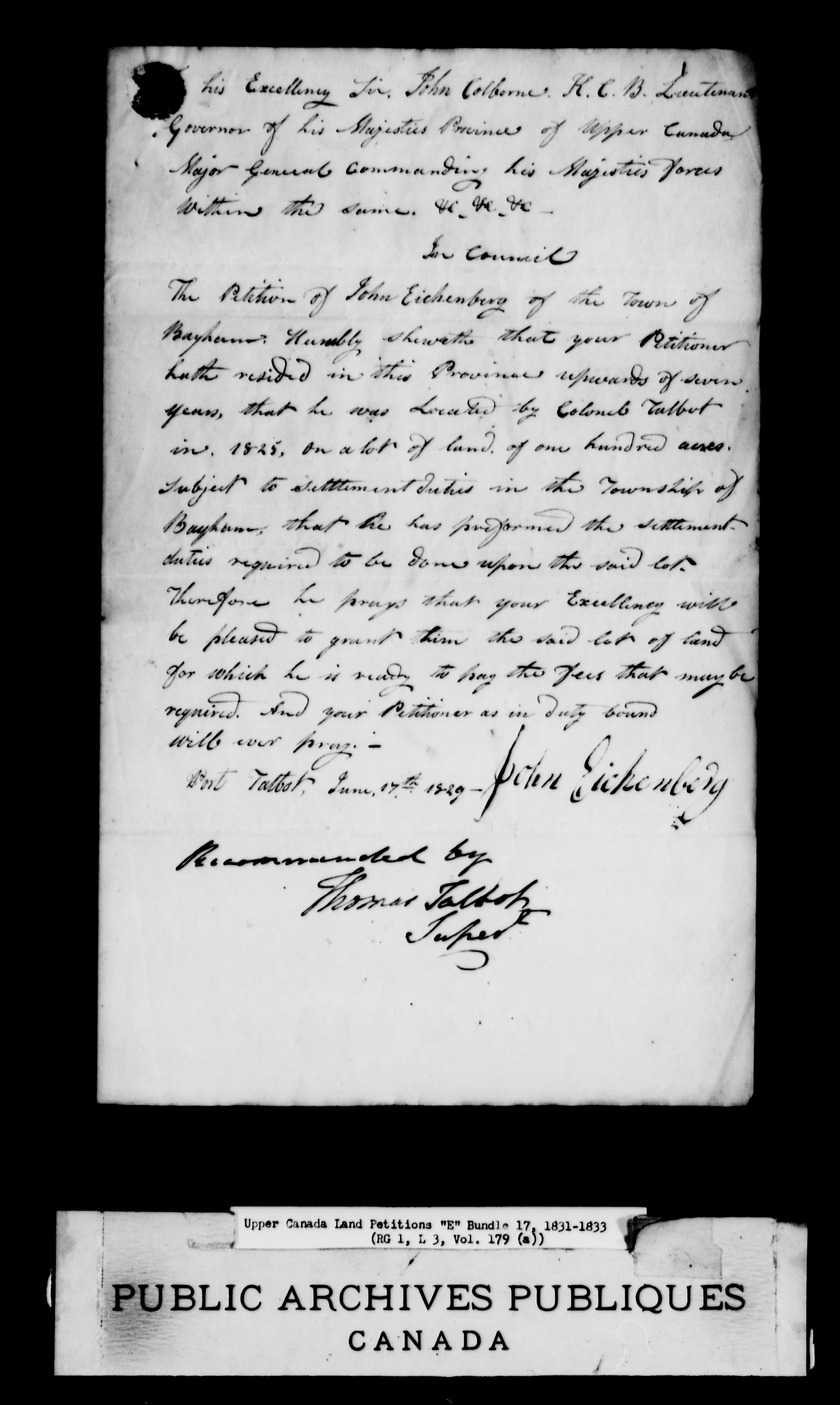 Title: Upper Canada Land Petitions (1763-1865) - Mikan Number: 205131 - Microform: c-1889