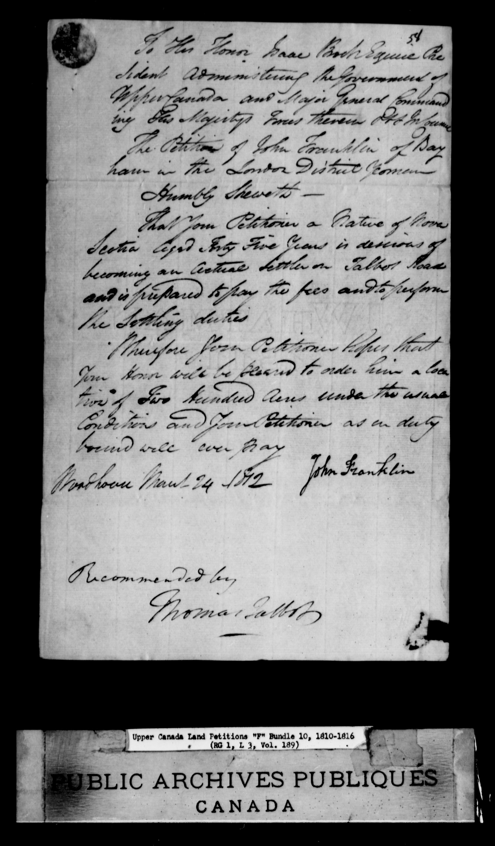 Title: Upper Canada Land Petitions (1763-1865) - Mikan Number: 205131 - Microform: c-1896