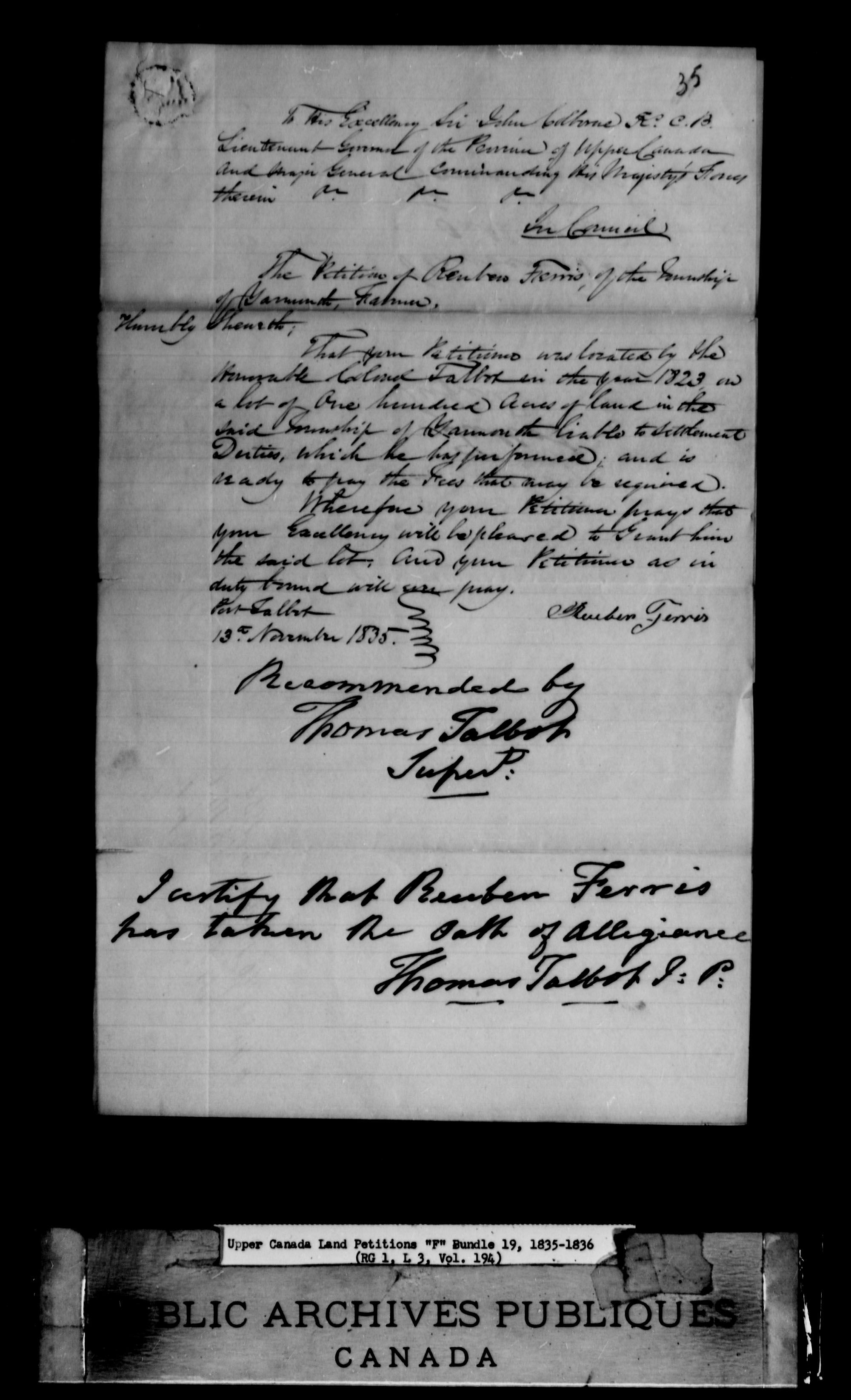 Title: Upper Canada Land Petitions (1763-1865) - Mikan Number: 205131 - Microform: c-1900