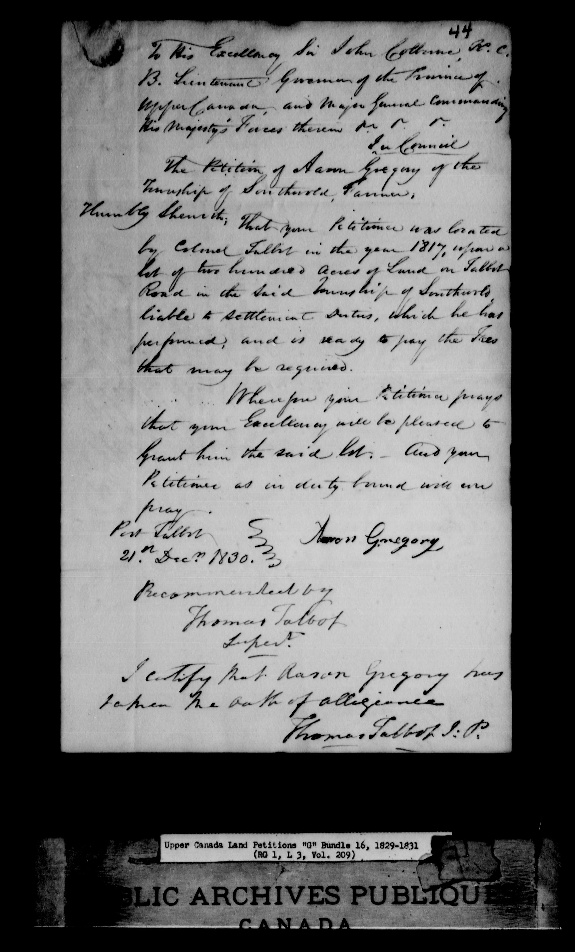 Title: Upper Canada Land Petitions (1763-1865) - Mikan Number: 205131 - Microform: c-2033