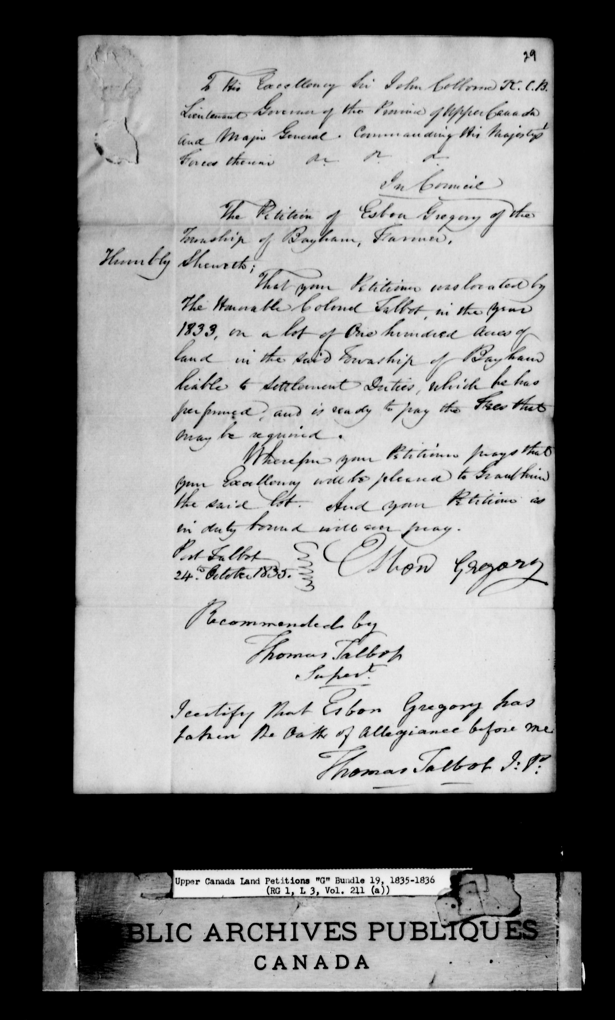 Title: Upper Canada Land Petitions (1763-1865) - Mikan Number: 205131 - Microform: c-2035