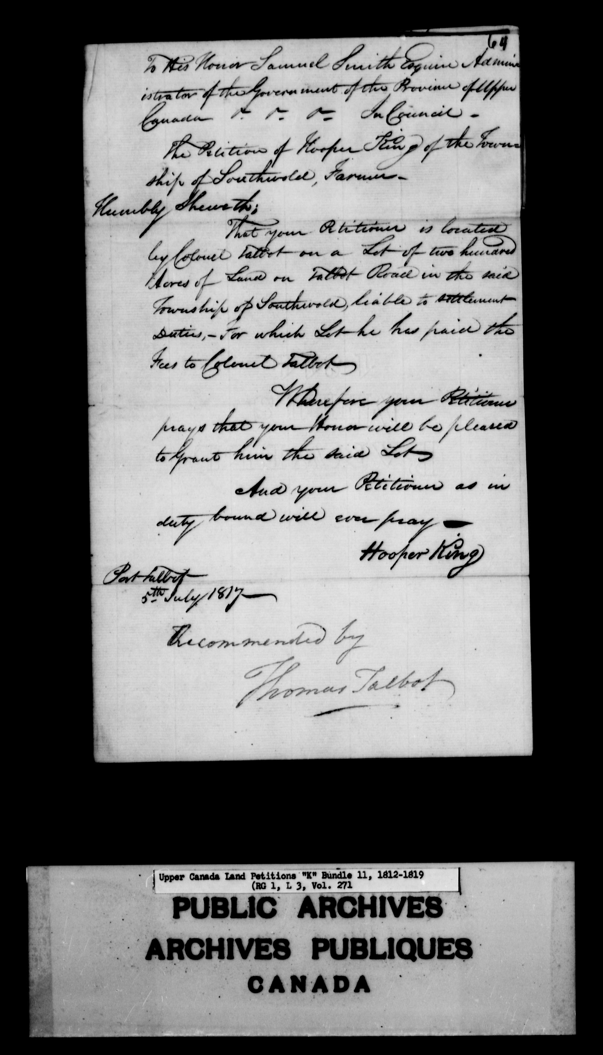 Title: Upper Canada Land Petitions (1763-1865) - Mikan Number: 205131 - Microform: c-2118