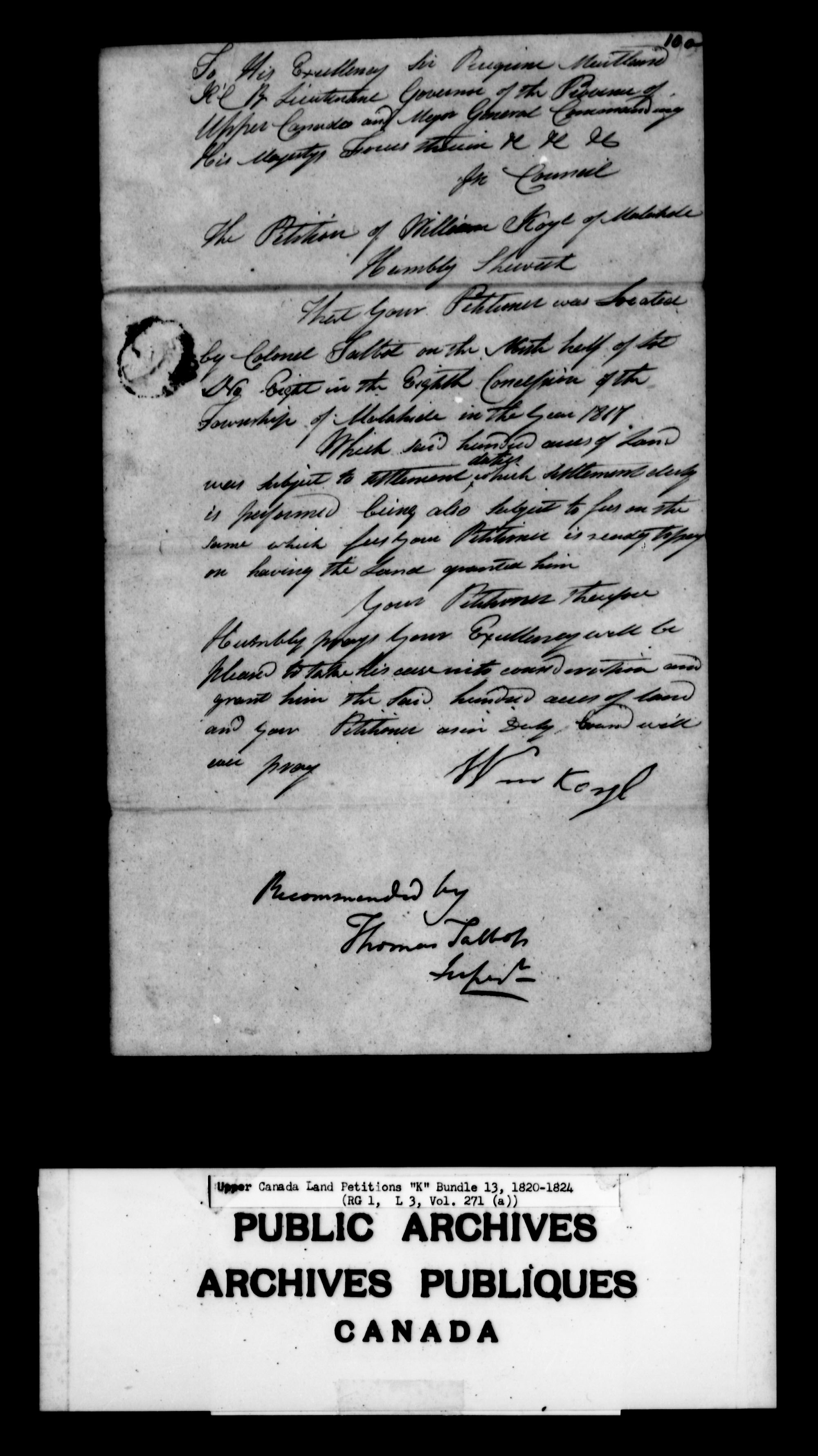 Title: Upper Canada Land Petitions (1763-1865) - Mikan Number: 205131 - Microform: c-2118