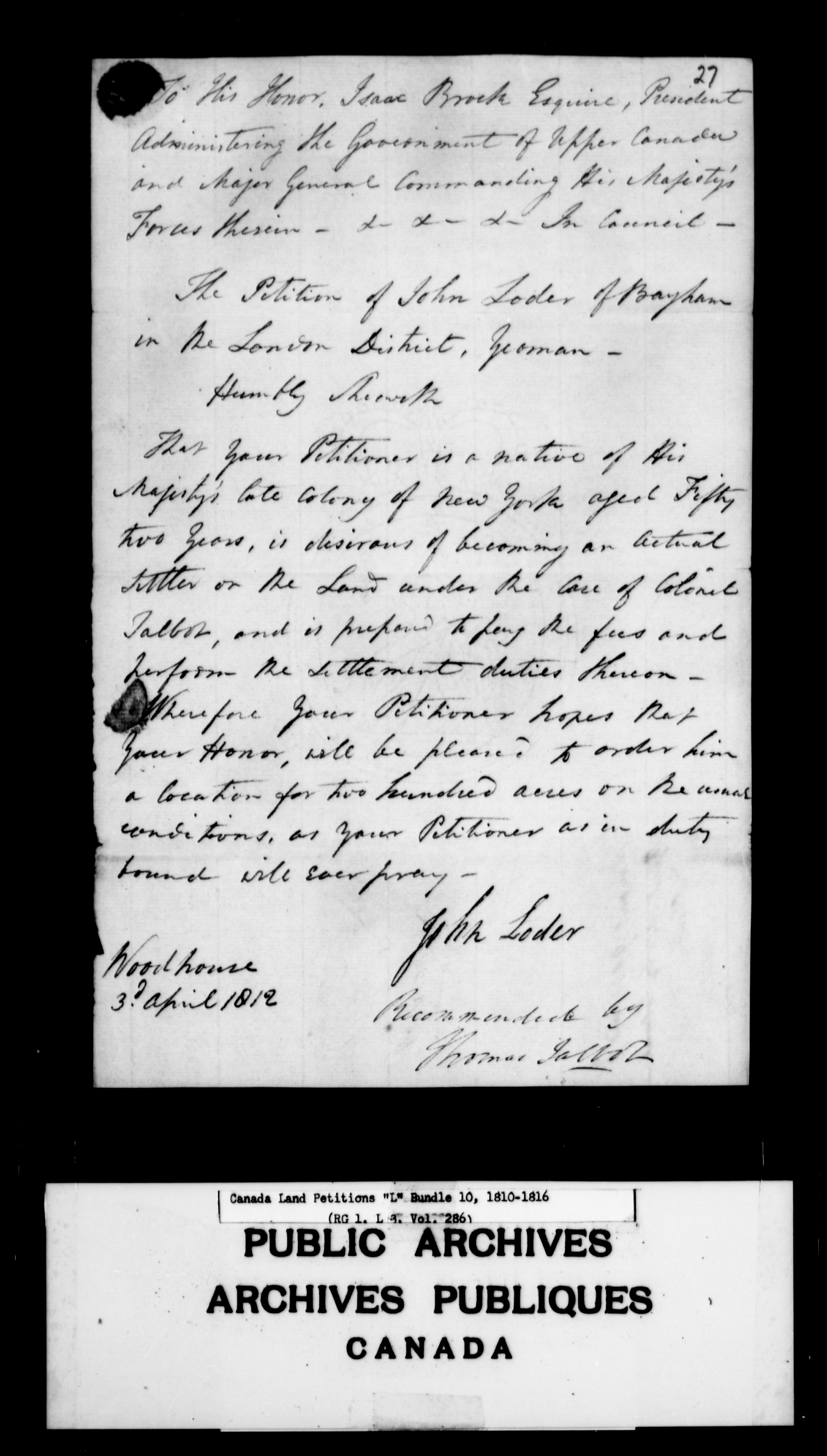 Title: Upper Canada Land Petitions (1763-1865) - Mikan Number: 205131 - Microform: c-2126