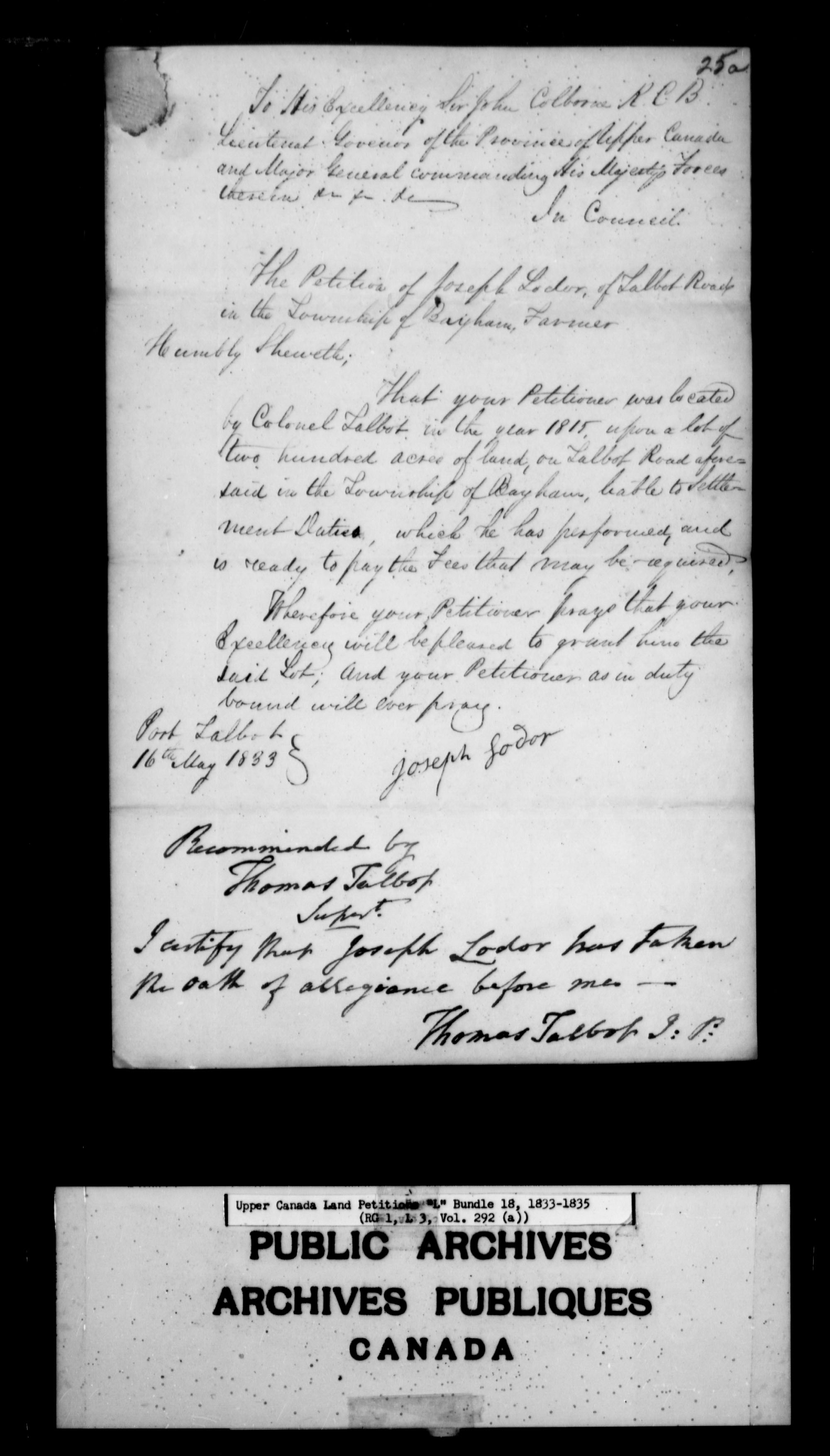 Title: Upper Canada Land Petitions (1763-1865) - Mikan Number: 205131 - Microform: c-2130