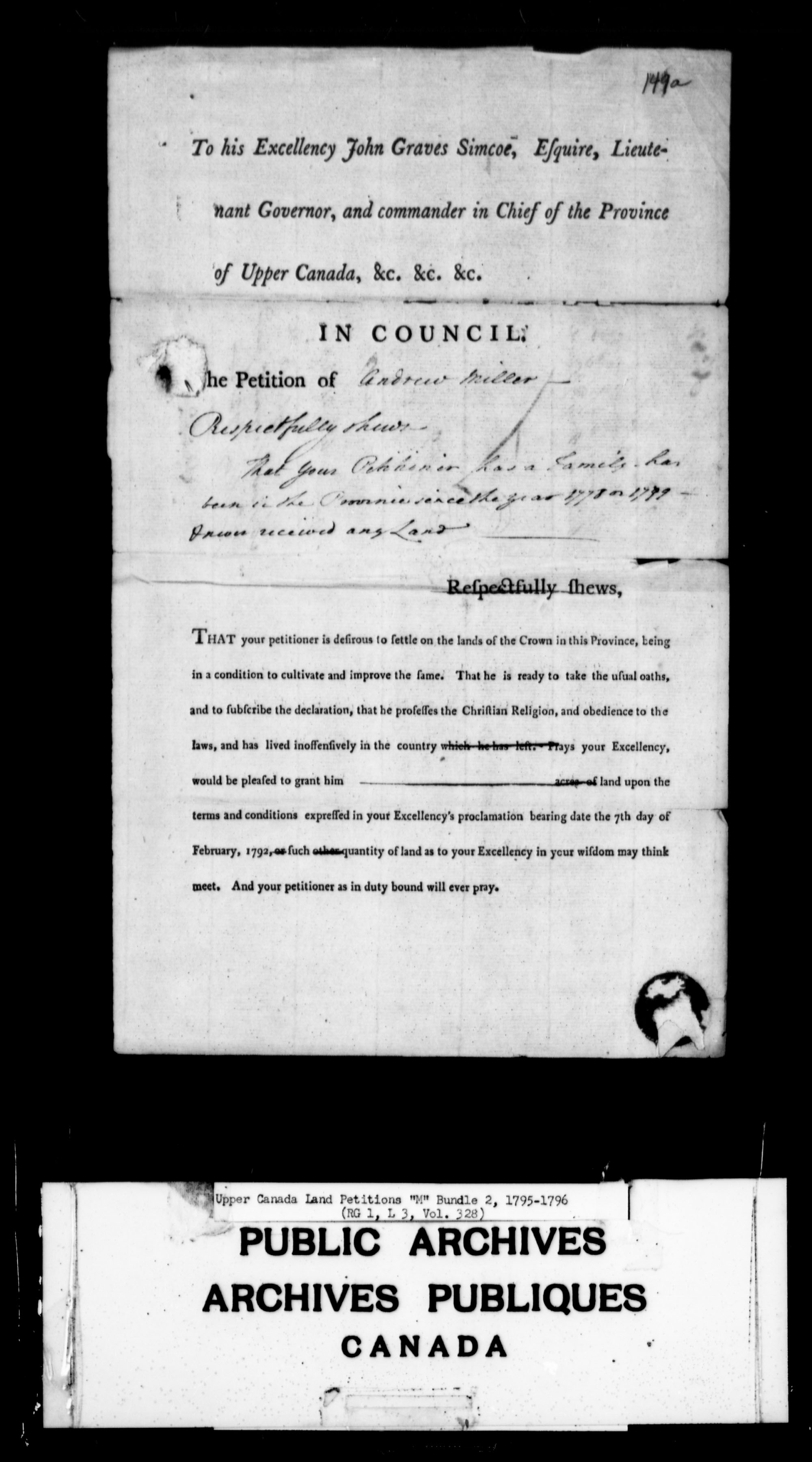 Title: Upper Canada Land Petitions (1763-1865) - Mikan Number: 205131 - Microform: c-2191