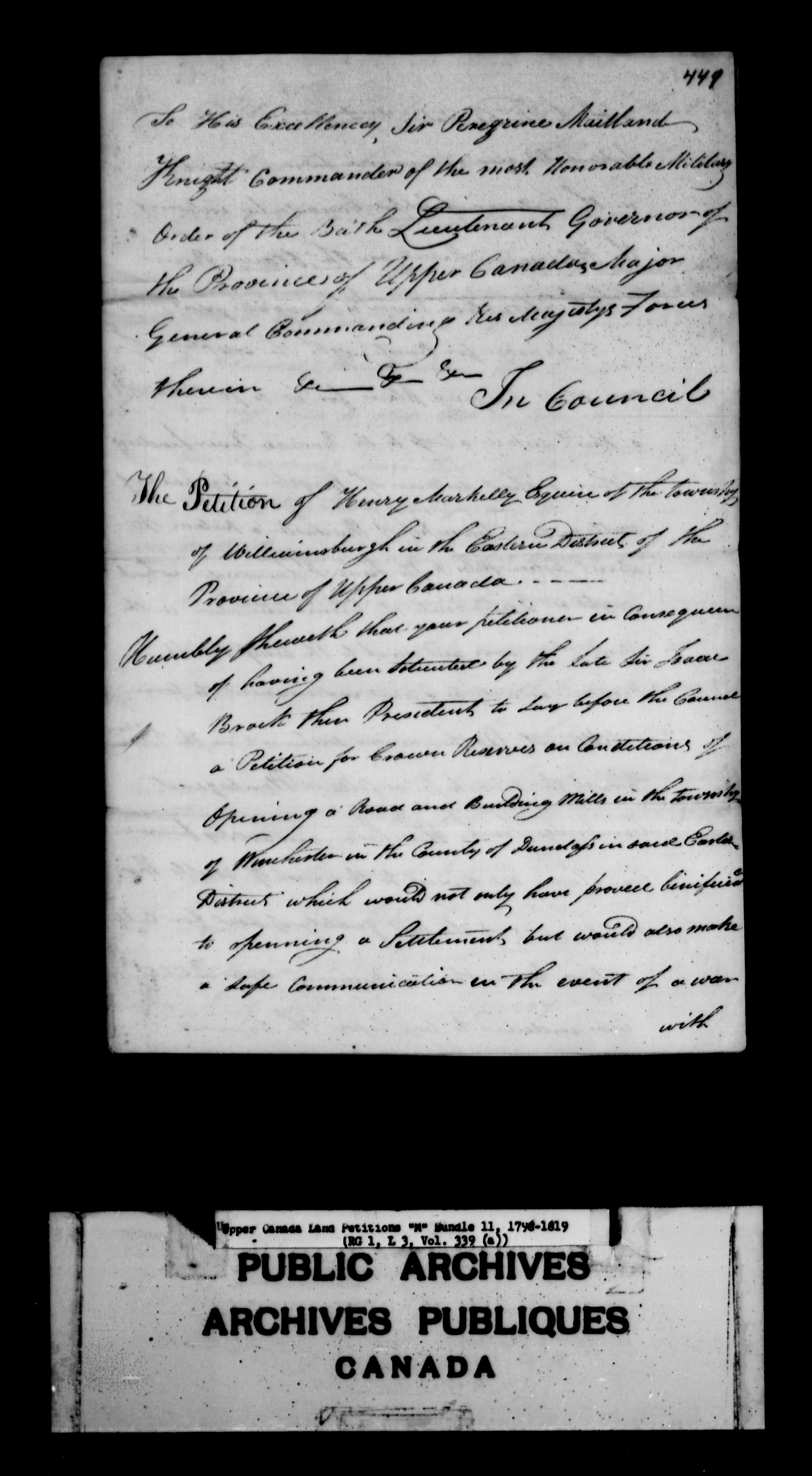 Title: Upper Canada Land Petitions (1763-1865) - Mikan Number: 205131 - Microform: c-2200