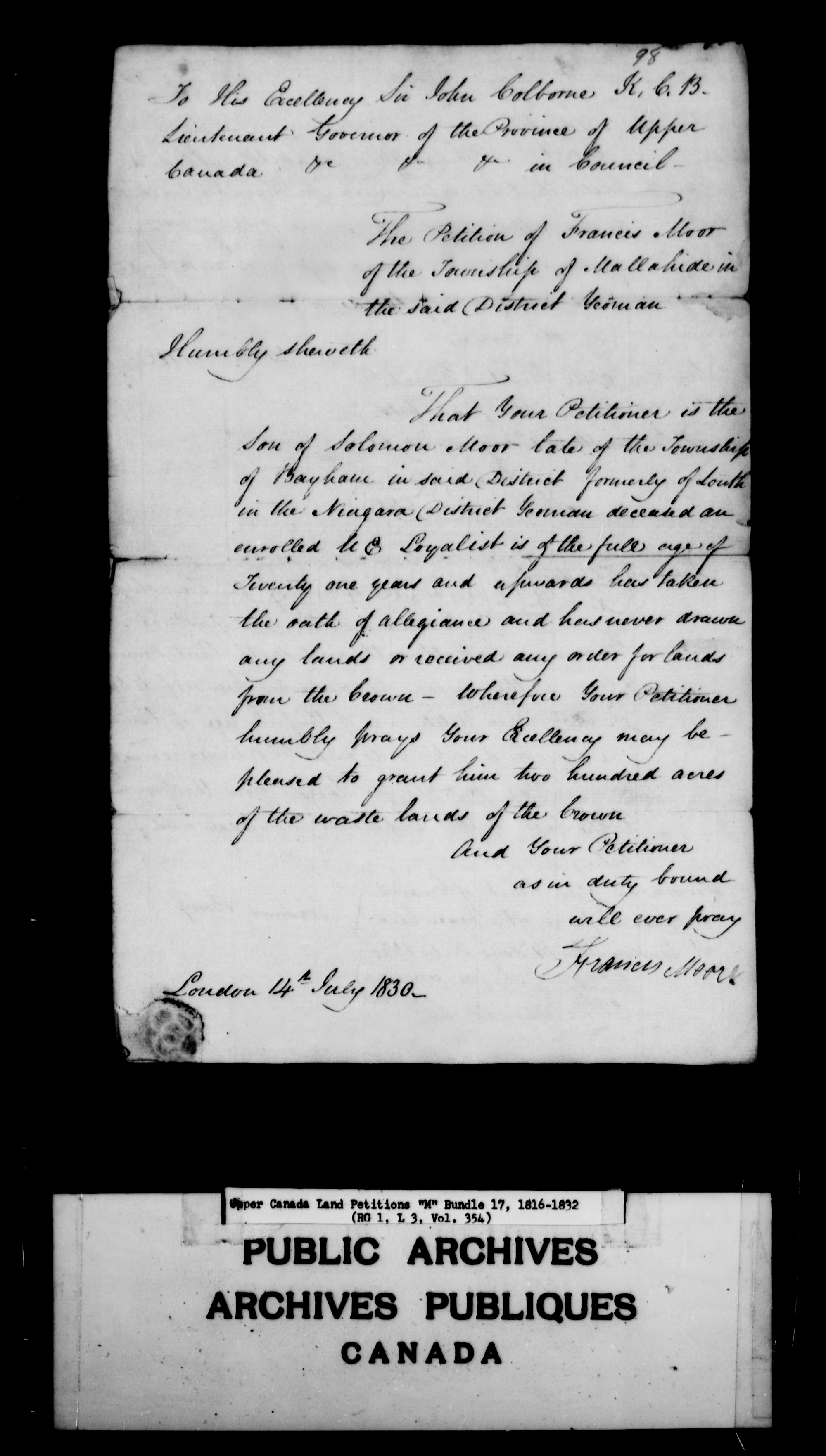 Title: Upper Canada Land Petitions (1763-1865) - Mikan Number: 205131 - Microform: c-2211