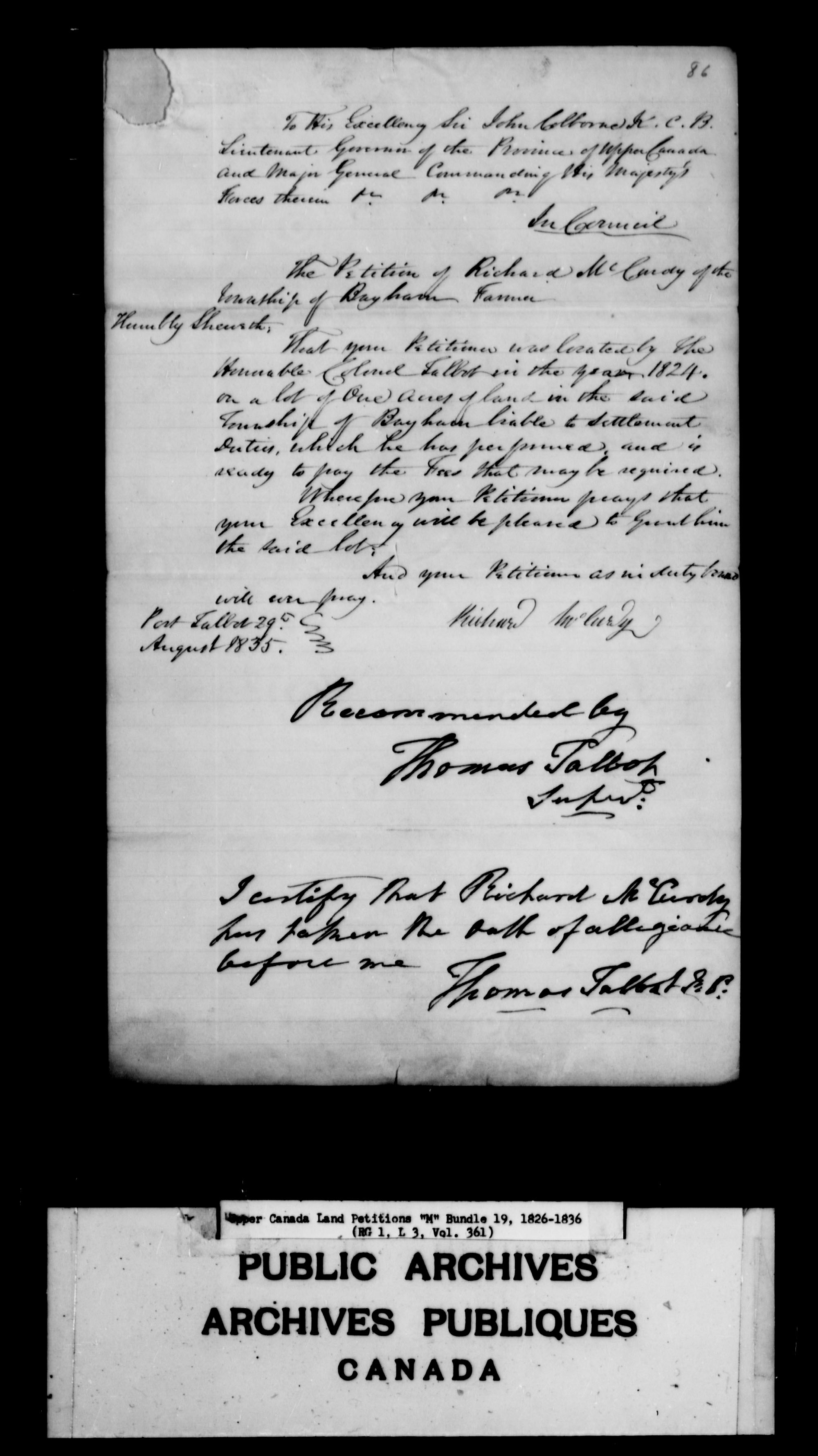 Title: Upper Canada Land Petitions (1763-1865) - Mikan Number: 205131 - Microform: c-2215
