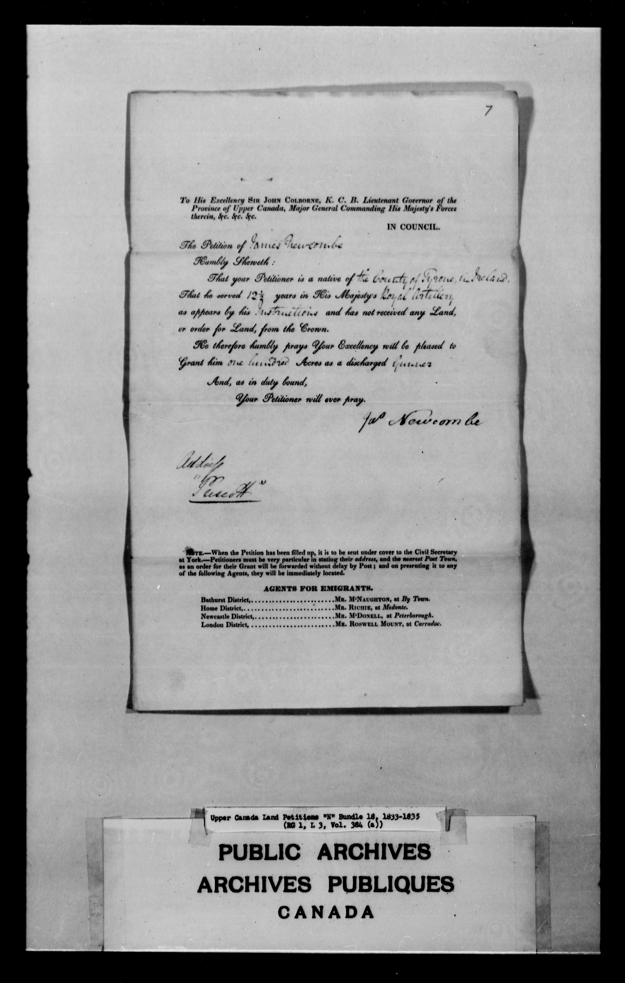 Titre : Demandes de terres du Haut-Canada (1763-1865) - N d'enregistrement Mikan : 205131 - Microforme : c-2482