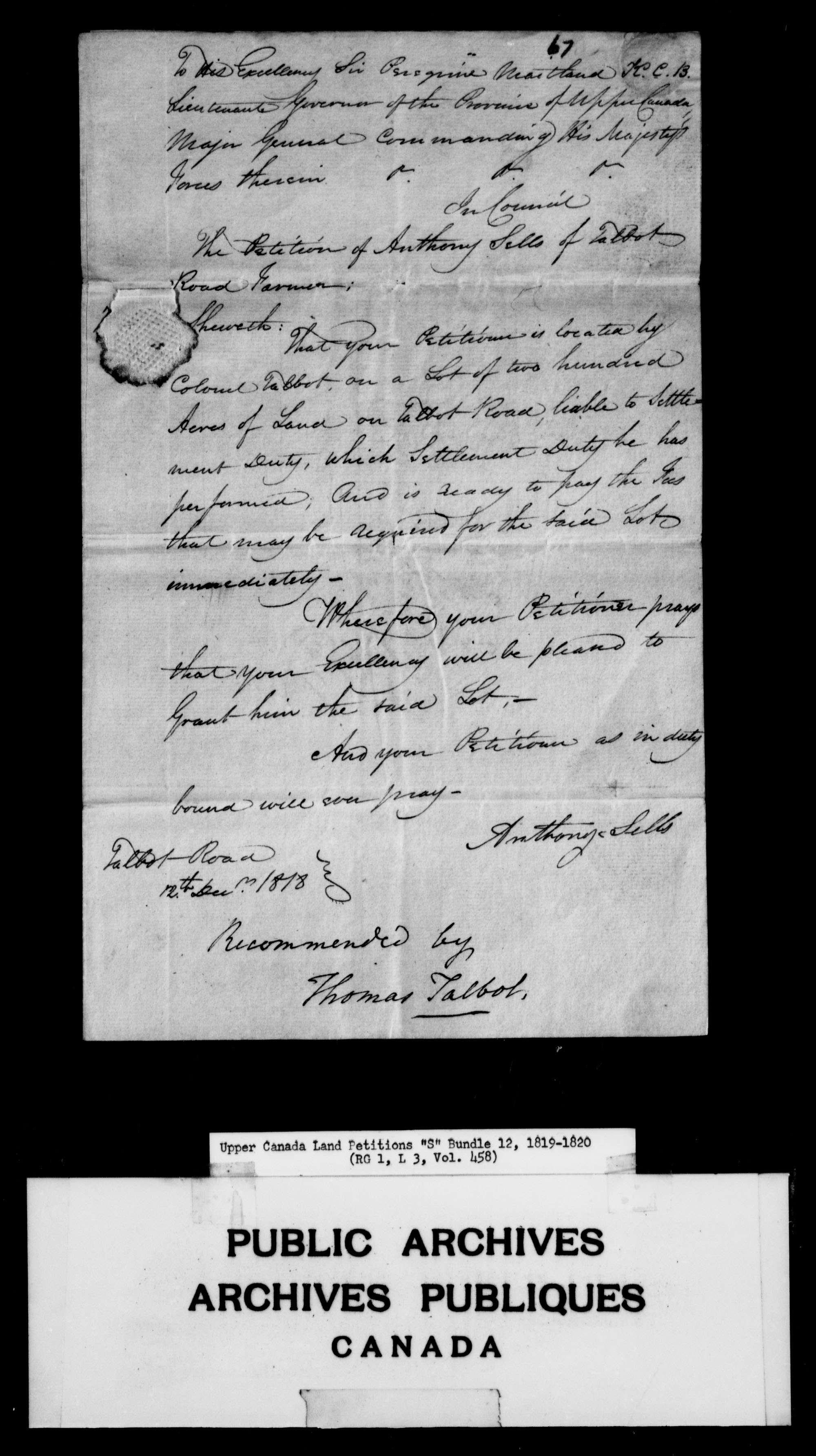 Title: Upper Canada Land Petitions (1763-1865) - Mikan Number: 205131 - Microform: c-2812