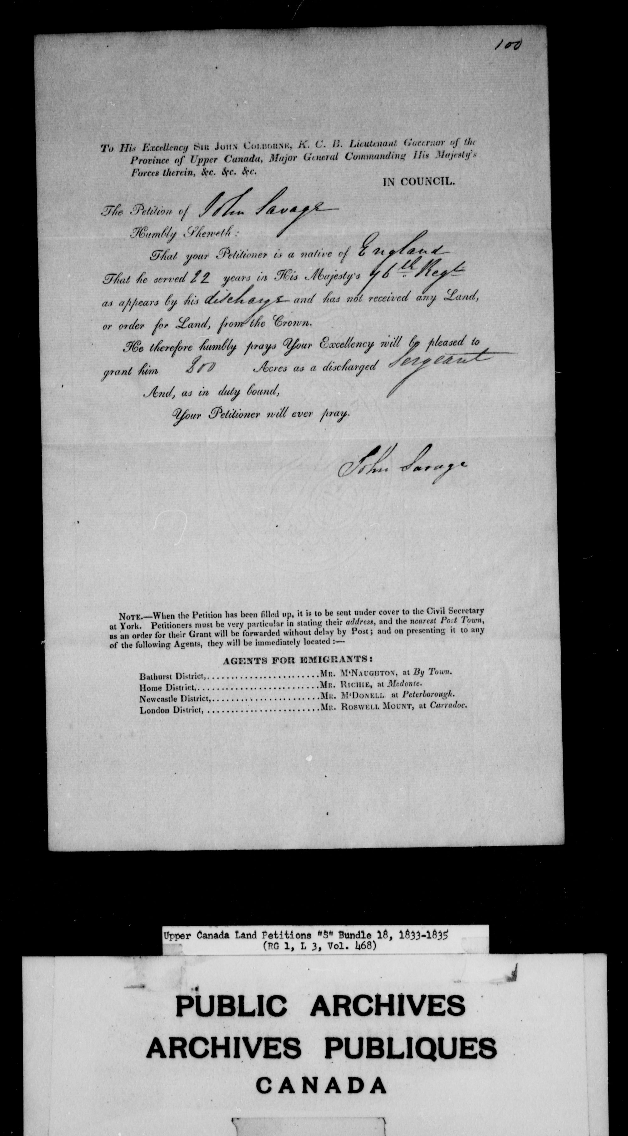 Titre : Demandes de terres du Haut-Canada (1763-1865) - N d'enregistrement Mikan : 205131 - Microforme : c-2817